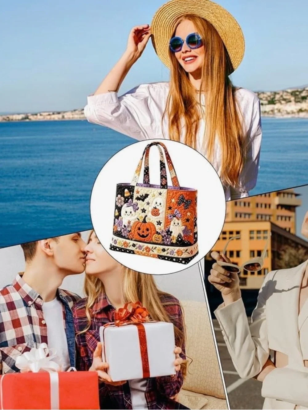 #3127** Quilted Tote Bag with Pumpkin & Ghost Appliqué/Orange/Black/White